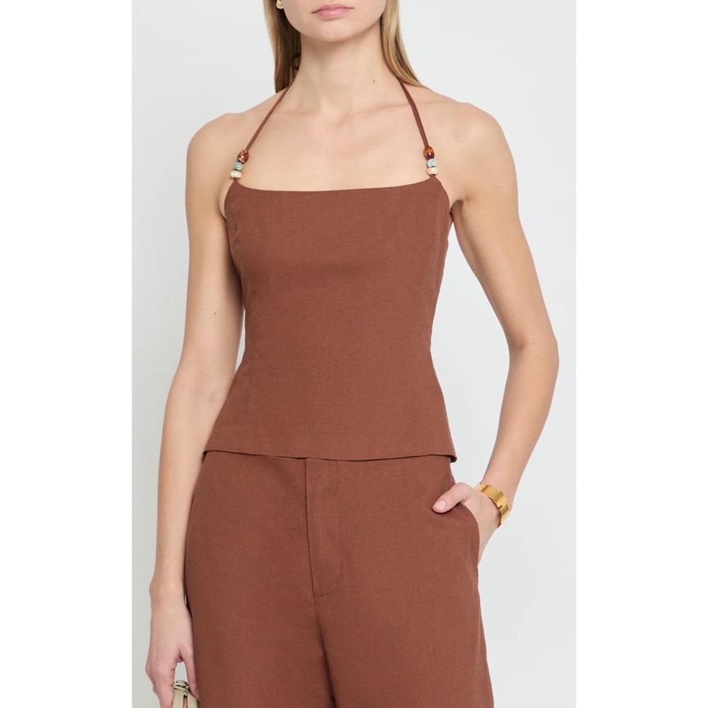 Few Moda x Sara Walker Brown Linen Blend Beaded Strap Top 6